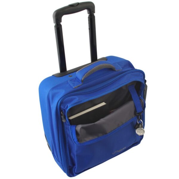 The eco-friendly Hybrid Rolling Tote by LiteGear, shown here in blue, has a locking telescoping handle, fits under most airline seats, and can be used as a suitcase or briefcase.