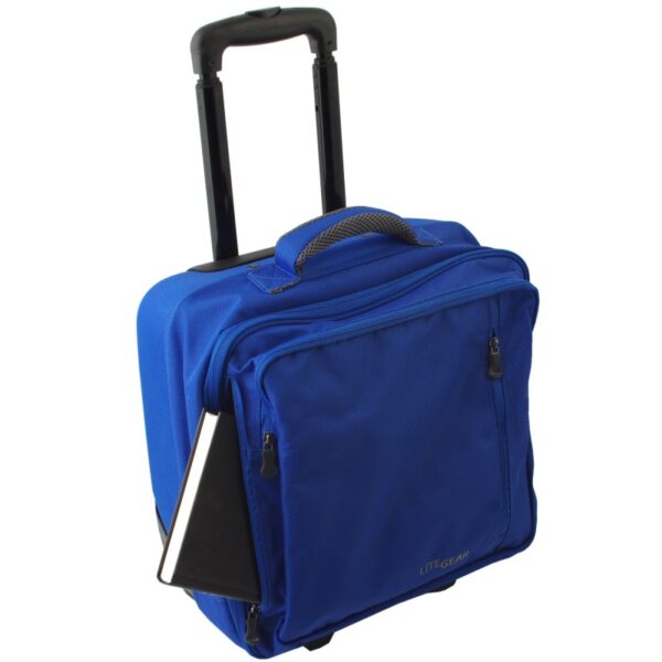 The earth-friendly Hybrid Rolling Tote by LiteGear, shown here in blue, has a locking telescoping handle, fits under most airline seats, and can be used as a suitcase or briefcase.