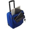 The eco-friendly Hybrid Rolling Tote by LiteGear, shown here in blue, has a locking telescoping handle, fits under most airline seats, and can be used as a suitcase or briefcase.