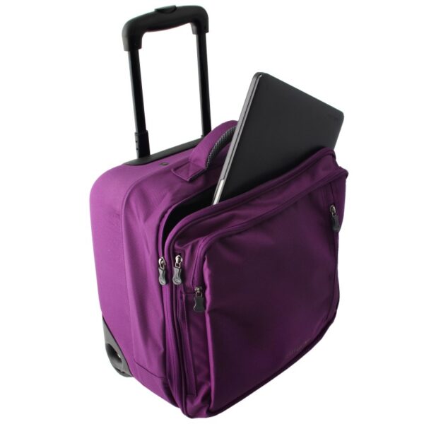 The eco-friendly Hybrid Rolling Tote by LiteGear, shown here in purple, has a locking telescoping handle, fits under most airline seats, and is made from recycled materials.