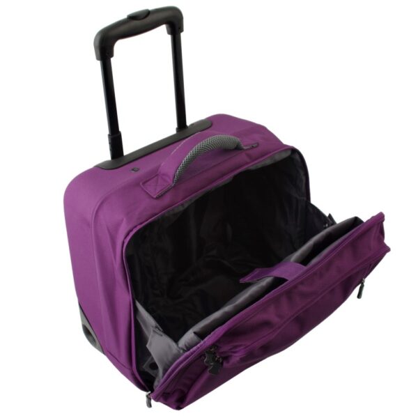The eco-friendly Hybrid Rolling Tote by LiteGear, shown here in purple, has a locking telescoping handle, fits under most airline seats, and can be used as a suitcase or briefcase.