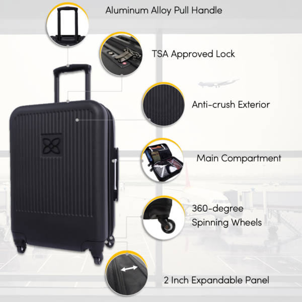 Meridian Luggage by Sherpani, shown here in black, has extensive features, including 360-degree spinning wheels and an anti-crush exterior.
