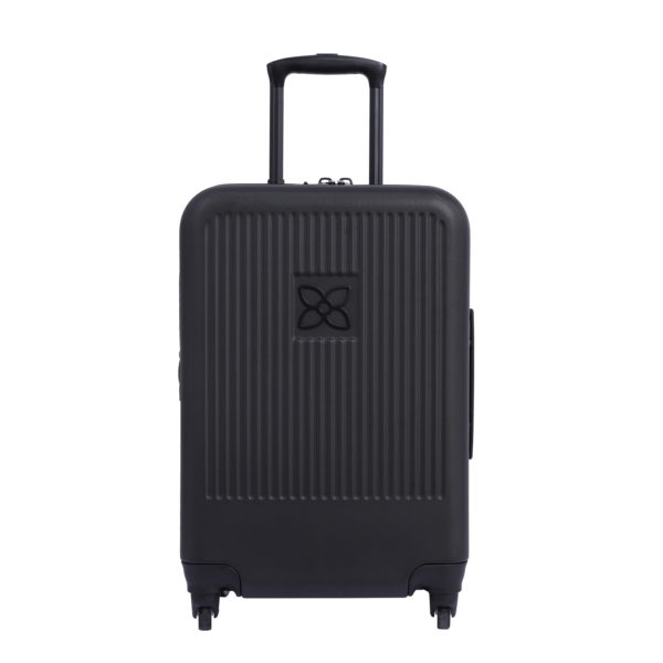 The sustainably made Meridian Luggage by Sherpani, shown here in black, has extensive features, including a strong, anti-crush exterior and a sturdy expandable handle.