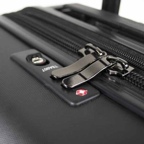 A close-up of the TSA approved lock on the Meridian luggage by Sherpani. The built-in lock on this eco-friendly luggage is a win-win, easy to use, sturdy, and it looks great too.