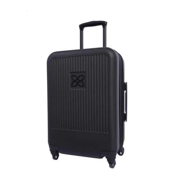 The sustainably made Meridian Luggage by Sherpani, shown here in black, has extensive features, including a strong, anti-crush exterior and a sturdy expandable handle.