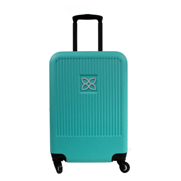 The sustainably made Meridian Luggage by Sherpani, shown here in caribe blue, has extensive features, including a strong, anti-crush exterior and a sturdy expandable handle.