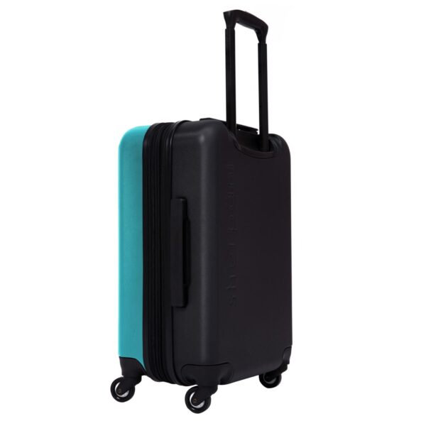 The earth-friendly Meridian Luggage by Sherpani is shown here with a caribe blue front and a black back, and includes an lightweight, anti-crush exterior for secure travel.