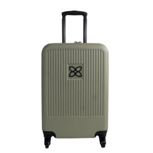 The Meridian luggage by Sherpani, shown here in sage green, has a sage front and a black back with black wheel and black accents.