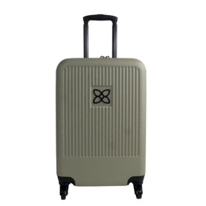 The Meridian luggage by Sherpani, shown here in sage green, has a sage front and a black back with black wheel and black accents.