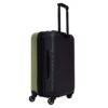 The earth-friendly Meridian Luggage by Sherpani is shown here with a sage green front and a black back, and includes an lightweight, anti-crush exterior for secure travel.