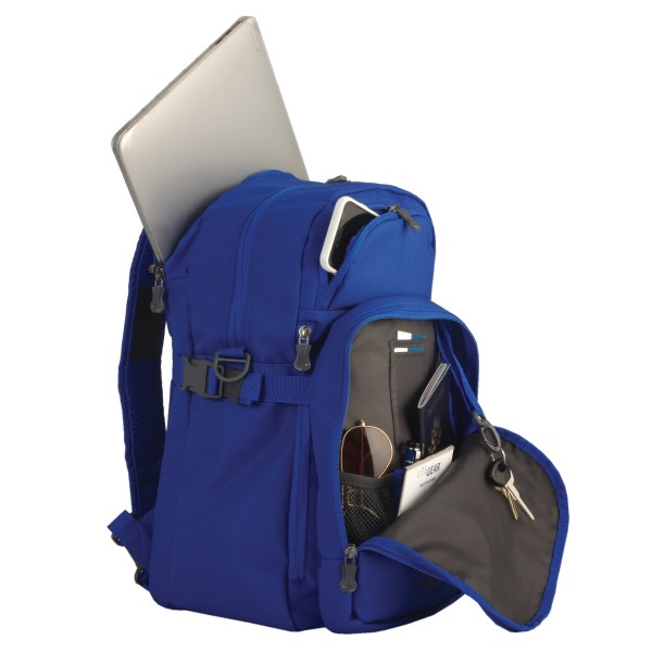 The Mobile Pro 3.0 Backpack with Joey battery back is shown here in blue with a padded laptop pocket, padded smartphone pocket, and ample storage in the removable front organizer. Sustainably made from 100% recycled materials.