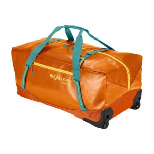 The eco-friendly Migrate Wheeled Duffel by Eagle Creek, shown here in dandelion yellow, has two durable wheels for rolling and duffel straps, providing ultimate versatility.