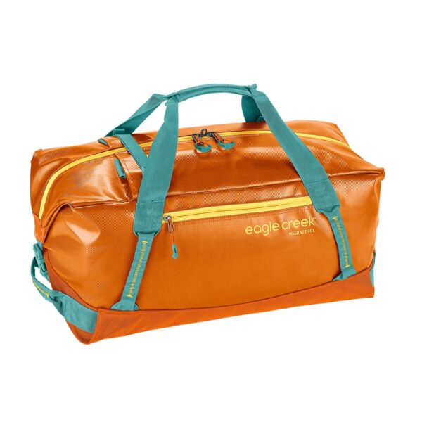 The 60L Eagle Creek Migrate Duffel Bag comes in five colors, including this dandelion yellow option with orange fabric, green straps, and yellow zippers. This eco-friendly bag is made with 100% recycled materials.