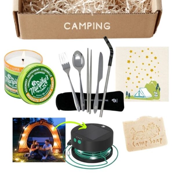 Sustainable travel and camping product set or gift box with outdoor items.