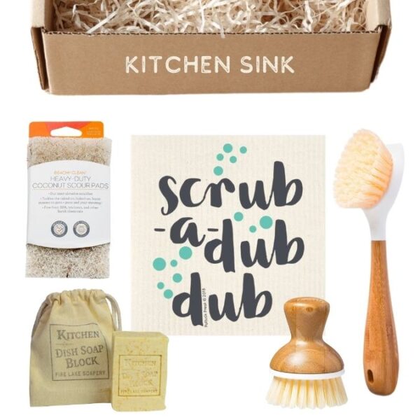 Sustainable bundle or gift box set of cleaning products for dishes.