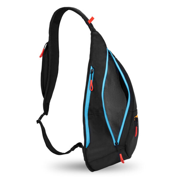 The 100% recycled Sherpani Esprit bag, made in Boulder, Colorado, is shown here in Chromatic. This sustainably made bag is all black and features brightly colored orange and blue zippers with highlighter red zipper pulls. It has a very room main compartment to fit your wallet, sunglasses, keys, tablet, book, and other adventures for a day of hiking or walking about town.