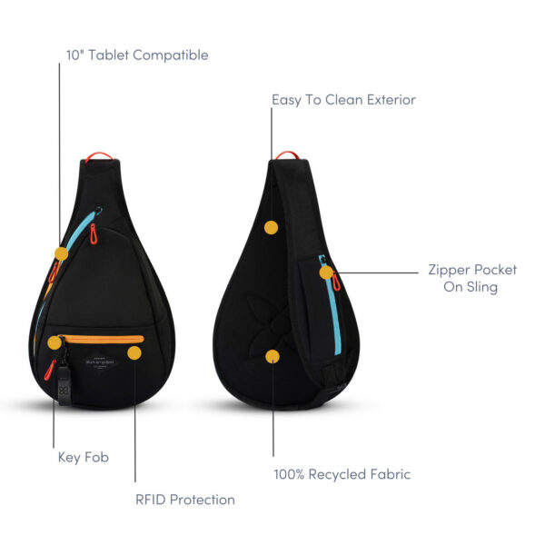 The 100% recycled Sherpani Esprit bag, made in Boulder, Colorado, is shown here in Chromatic. This sustainably made bag is all black and features brightly colored orange and blue zippers with highlighter red zipper pulls.