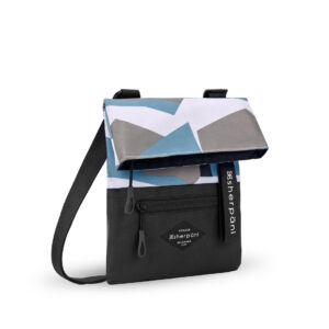 The sustainably-made Sherpani Pica crossbody bag is shown here in Summer Camo, which is a color-blocked camo and black bag with black zipper pulls.