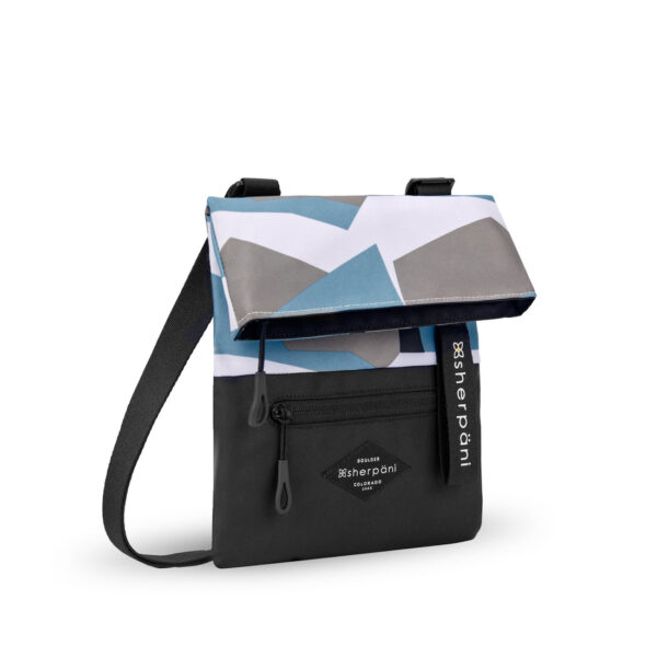 The sustainably-made Sherpani Pica crossbody bag is shown here in Summer Camo, which is a color-blocked camo and black bag with black zipper pulls.