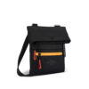 The earth-friendly Sherpani Pica crossbody bag, shown here in Chromatic black with orange zipper and bright red zipper pull, is sustainably-made and has 5 pockets for all your gear.