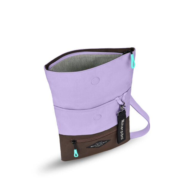 The earth-friendly Sherpani Pica crossbody bag, shown here in Lavender and brown colorblock with turquoise zipper pulls, is sustainably-made and has 5 pockets for all your gear.