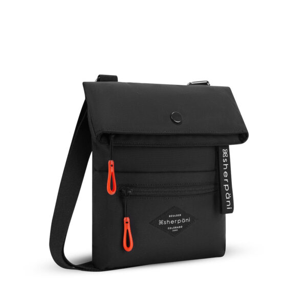 The earth-friendly Sherpani Pica crossbody bag, shown here in Raven black with bright red zipper pulls, is sustainably-made and has 5 pockets for all your gear.