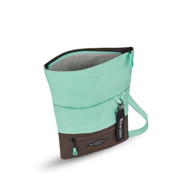The sustainably made Sherpani Pica crossbody bag, made from 100% recycled materials, is shown here in a colorblock with Seagreen and Brown and seagreen zipper pulls.
