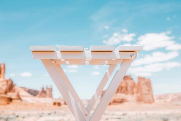 Close up view outdoors of top of eco-friendly, plastic-free Canyon side table