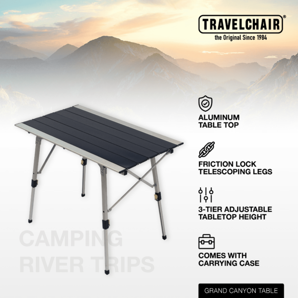 Details for foldable, aluminum Grand Canyon outdoor travel table