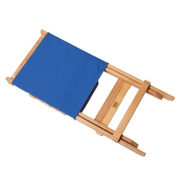 Folded view of blue-backed, portable, wood travel chair