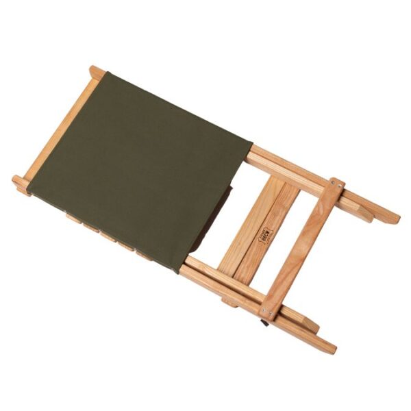 Folded view of portable, wood outdoor travel chair in green