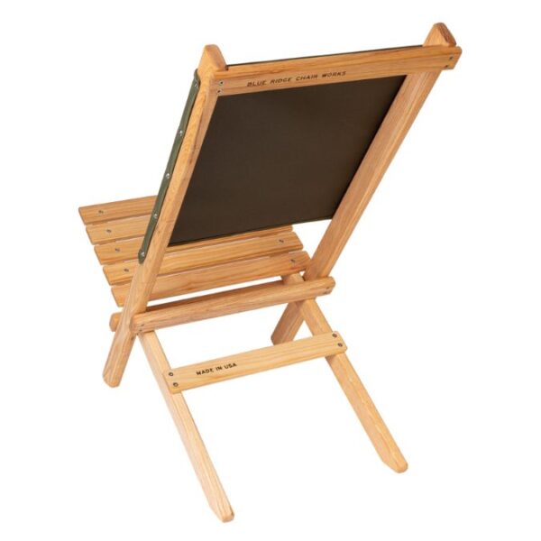 Back side view of sustainable, wood, portable travel chair
