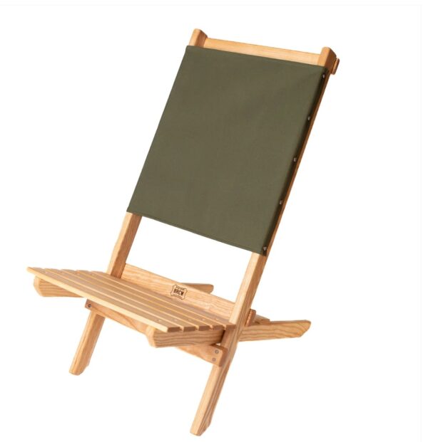 Hand-crafted wood travel chair with olive green back