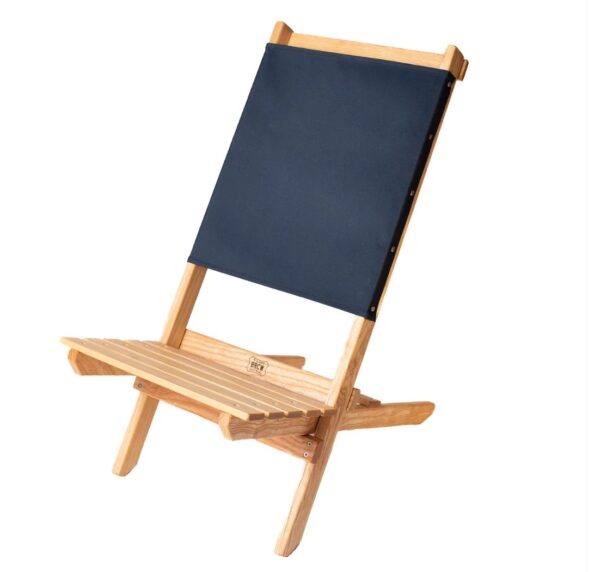 Hand-crafted, USA-made wood portable chair with navy back