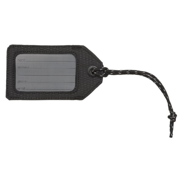 Window side of eco-friendly recycled black luggage tag for travel