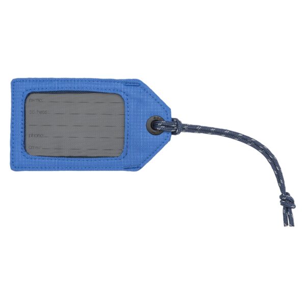 Window side of blue recycled luggage tag for eco-friendly travel products