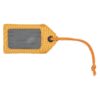 Window side of yellow recycled luggage tag for sustainable travel