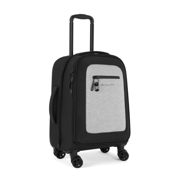 The Latitude rolling luggage by Sherpani is carry-on friendly and made with recycled materials. Shown here with 4 sturdy wheels in sterling gray.
