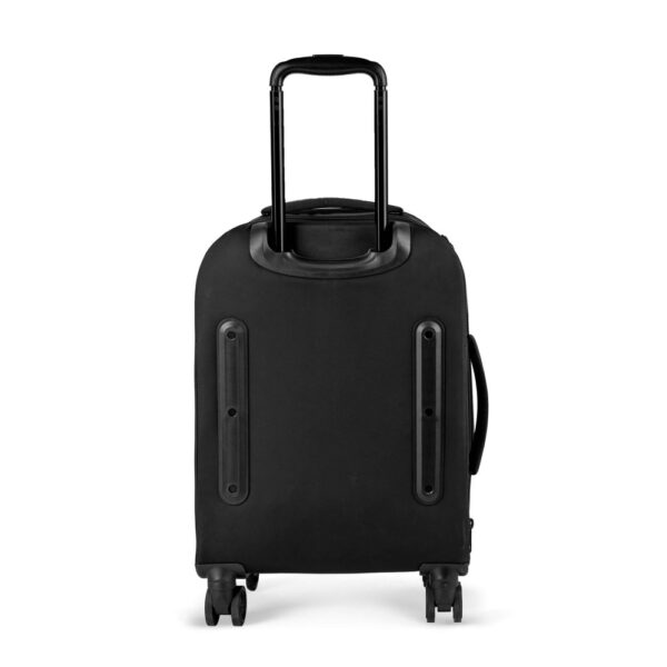 The Latitude rolling luggage by Sherpani is carry-on friendly and made with recycled materials. The back is shown here with an extended retractable handle.