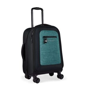 The Latitude rolling luggage by Sherpani is carry-on friendly and made with recycled materials. Shown here with 4 sturdy wheels and extendable handle in teal.