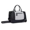 The Trip rolling duffel bag, shown here in sterling gray and black, is made of recycled fabrics and can be carried as a duffel or a roller bag.