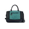 The Trip rolling duffel bag, shown here in teal and black, is made of recycled fabrics and can be carried as a duffel or a roller bag.