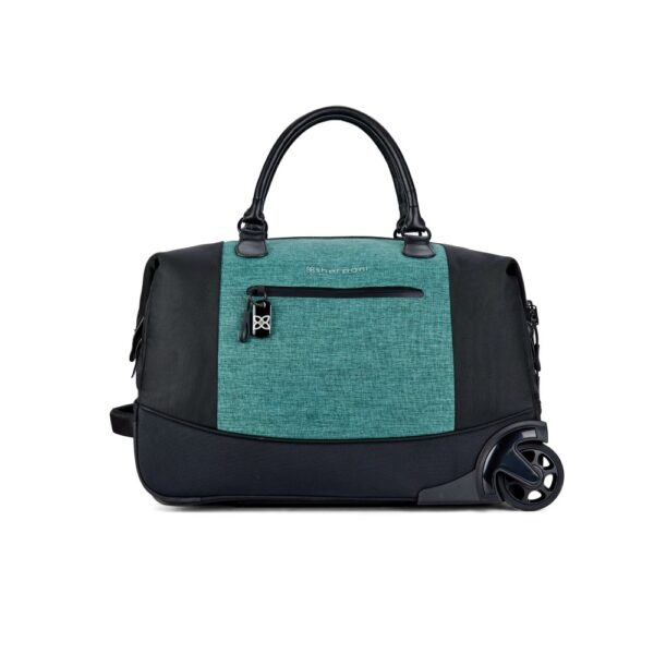 The Trip rolling duffel bag, shown here in teal and black, is made of recycled fabrics and can be carried as a duffel or a roller bag.