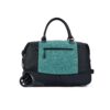 The Trip rolling duffel bag, shown here in teal and black, is made of recycled fabrics and can be carried as a duffel or a roller bag.