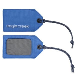 View of blue recycled luggage tag for sustainable travel products