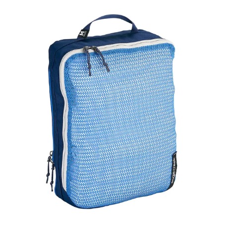 Front view of blue dual pocket packing cube for sustainable one bag travel