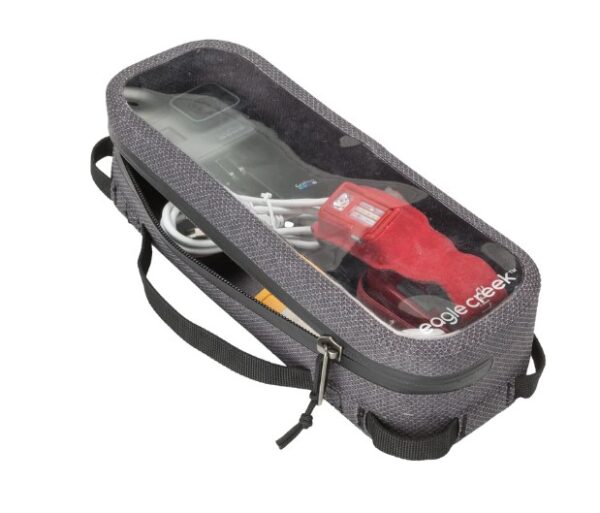 View of electronics in waterproof dry bag pouch for water and other travel adventures