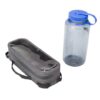 View of slim size waterproof pouch for camping or travel next to water bottle