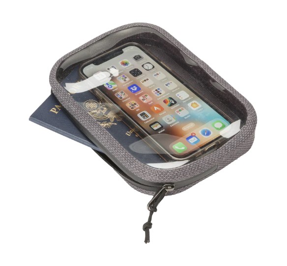Phone and passport in view-through waterproof pouch made from recycled materials