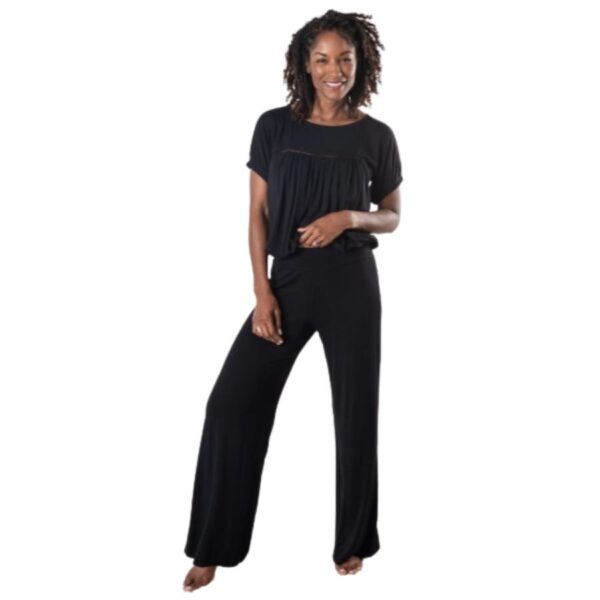 This model is wearing the eco-friendly power pant in black by JJWINKS, a flattering palazzo pant made sustainably in the USA.